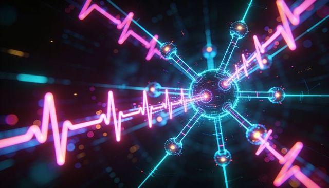 Pulsing neon neural core radiating radial nodes with glowing ecg waveform traces cyberpunk