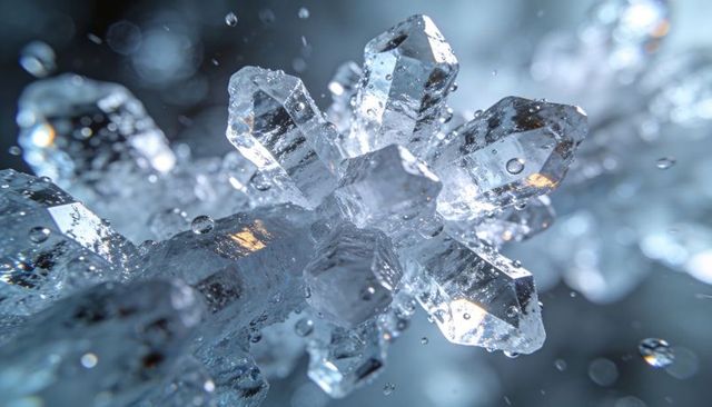 Macro faceted ice crystal cluster with water droplets, bokeh reflections and prism light
