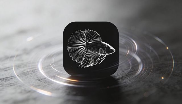 Displaying minimalist betta fish icon on dark rounded tile with concentric light rings
