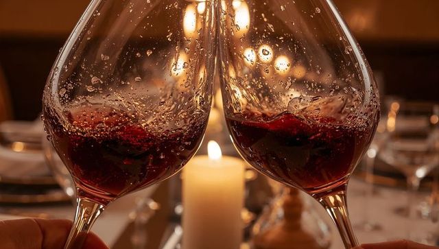 Clinking Red Wine Glasses at Candlelit Dinner Creating Splash and Warm Reflections