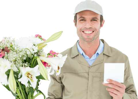 happy delivery man holding bouquet and blank note transparent background - Download Free Stock Videos Pikwizard.com