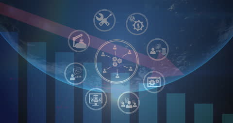 Digital Network Animation with Technology Icons and Globe