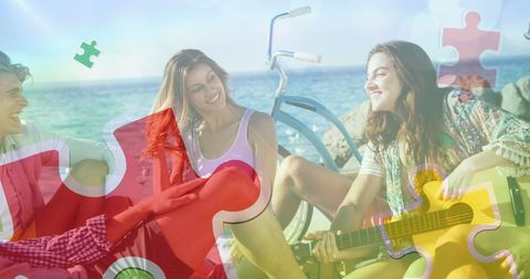 Joyful friends celebrating summer beach adventure