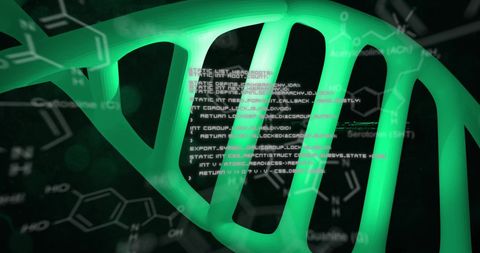 Glowing binary code overlay on luminous dna helix