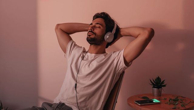 Relaxing man wearing headphones and white tee, listening to music in warm minimalist interior