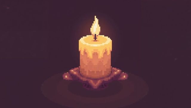 Glowing pixel art candle casting warm light on ornate brass base with dark vignette