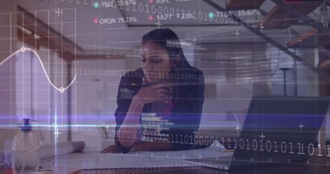 businesswoman analyzing data with binary code overlay - Download Free Stock Images Pikwizard.com