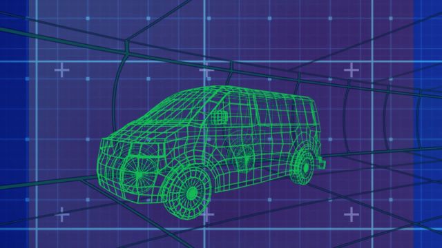 Visual represents futuristic automotive design concepts using digital wireframe over grid focus, suited for technology innovation presentations, engineering studies, or automotive content illustration.