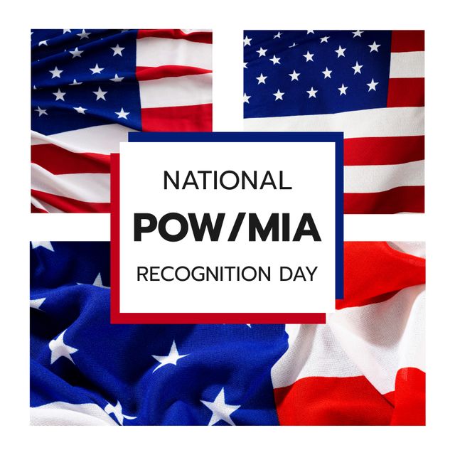 This image highlights National POW MIA Recognition Day with the text placed prominently over various backgrounds of the American flag. Suitable for use in promotional materials, social media posts, educational content, and commemorative events aimed at honoring prisoners of war and those missing in action. Can be used to evoke patriotism and awareness about important national holidays celebrating military service and sacrifice.