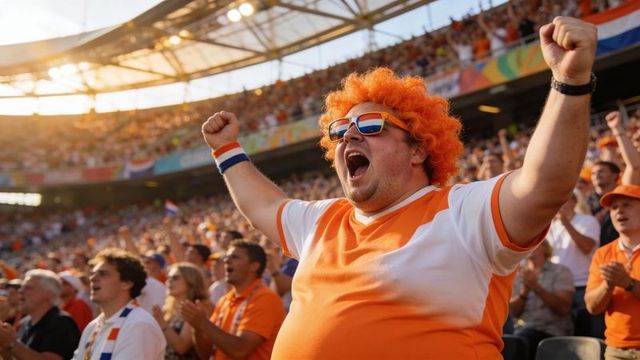 Cheering dutch football fan wearing orange wig and sunglasses in stadium crowd