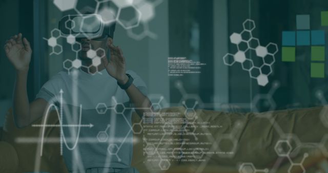 Image of chemical compounds and medical data processing over man wearing vr headset. science and data processing concept digitally generated image.