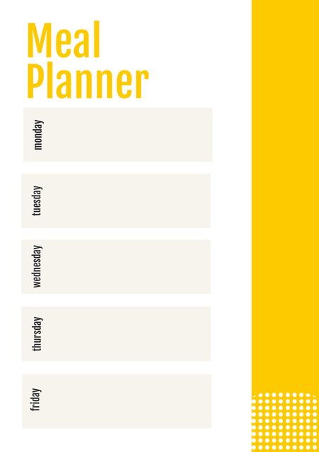 This image depicts a clean and minimalist weekly meal planner with a bold yellow accent on the right. The planner is organized into five categories for Monday through Friday. Ideal for creating a weekly meal schedule, promoting healthy eating habits, or organizing kitchen plans. Its simple design is perfect for dietary blogs, nutritional coaching, or any food-related content requiring a structured planning tool.
