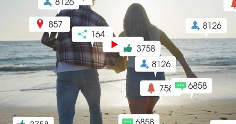 Couple on Beach at Sunset with Social Media Notification Overlays