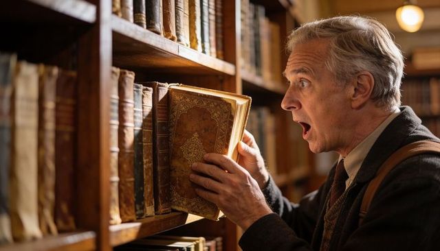 Senior man discovering ornate leather book on historic library shelf, surprised expression