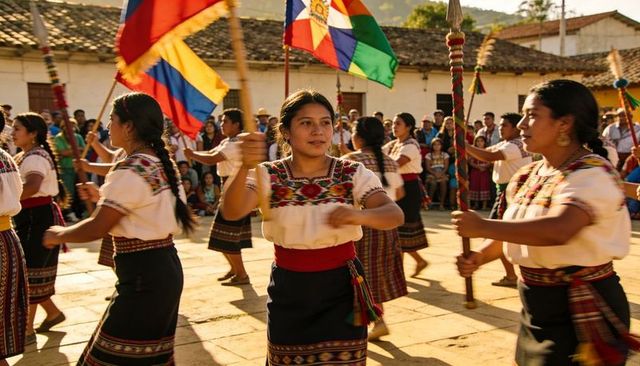 Female dancers wearing embroidered blouses and woven skirts performing in vibrant festival parade