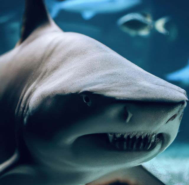 Close up of shark in water created using generative ai technology. Animals, wildlife and nature concept, digitally generated image.