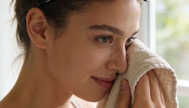 Young woman pressing soft towel to cheek, enjoying calm skincare and morning self-care