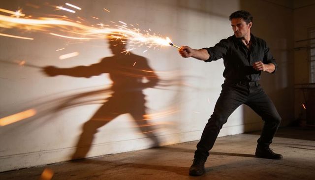 Man wielding spark rod in dramatic low-light stance creating long spark trail
