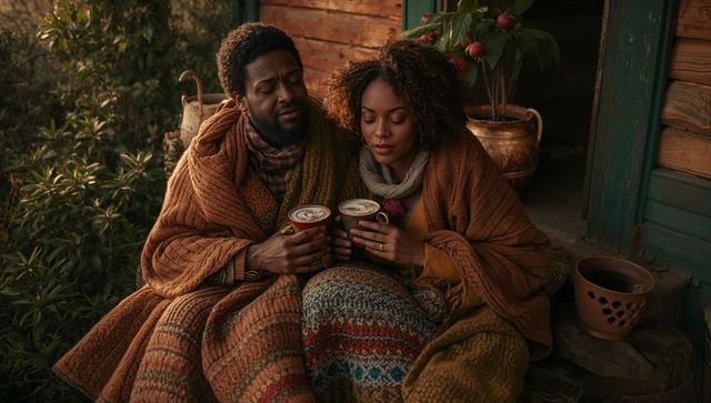 Cozy couple relaxing on rustic cabin porch with coffee