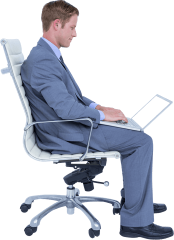 Transparent executive typing on laptop in office chair