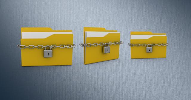 Digitally generated image of folder icons chained with locks against grey background