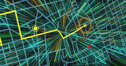 Tracing neon route across city grid with concentric target, glowing nodes, motion streaks