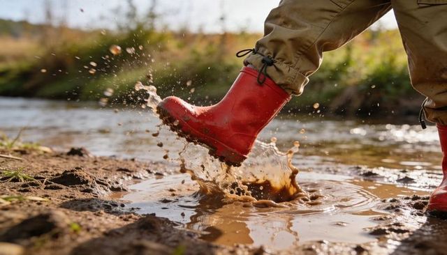 Child splashing muddy puddle in red rain boots by sunlit stream