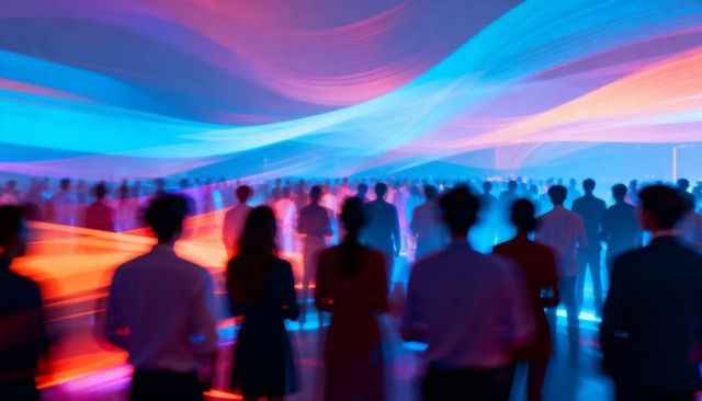 Silhouetted Crowd Watching Neon Light Ribbons Fog LED Floor Projection Haze at Futuristic Event
