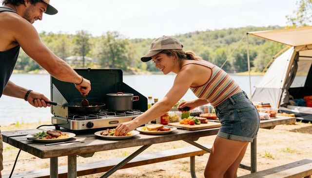 Couple plating lakeside camp meal on portable stove at picnic table outdoor cooking tent
