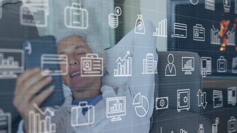 Senior Woman Relaxing with Smartphone and Financial Data Overlay