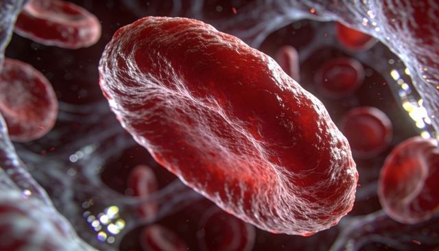 Erythrocyte floating through capillary with fibrin strands 3d medical illustration