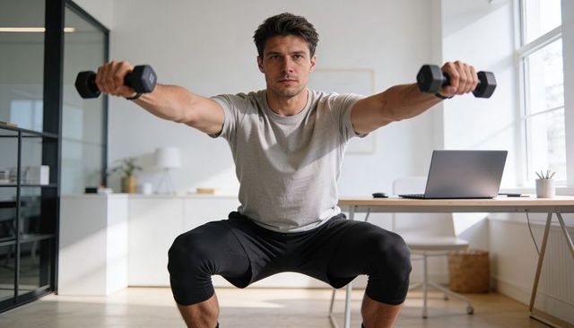Man doing squat holding hex dumbbells in bright home office workspace for remote fitness