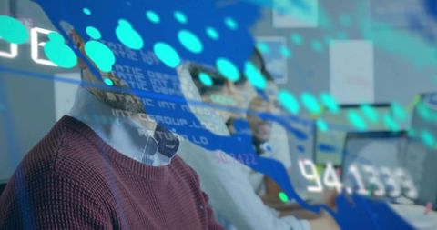 Diverse team wearing headsets with ar overlay in modern office workstations, collaboration