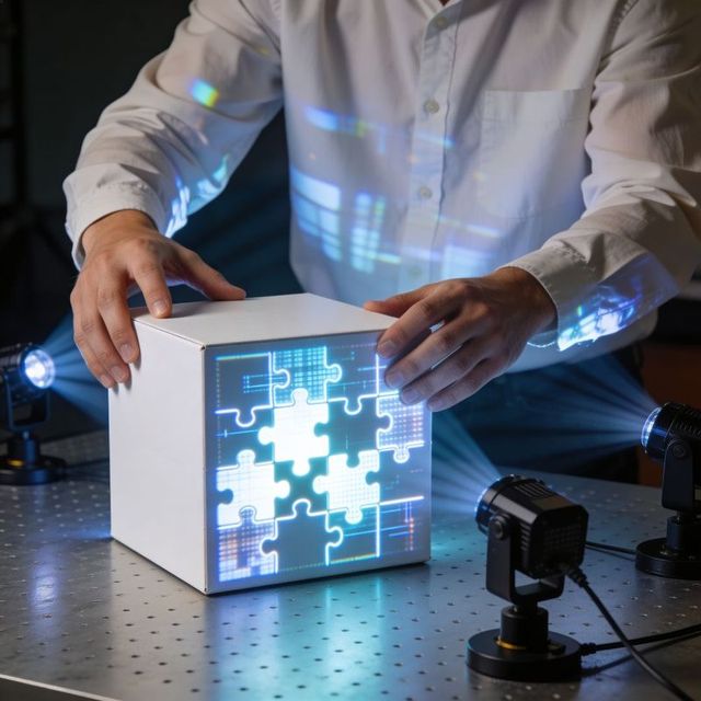 Engineer adjusting projection mapping on white cube with blue jigsaw puzzle light