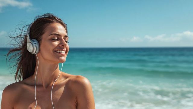 Woman listening to music on headphones at tropical beach enjoying sunshine and turquoise ocean