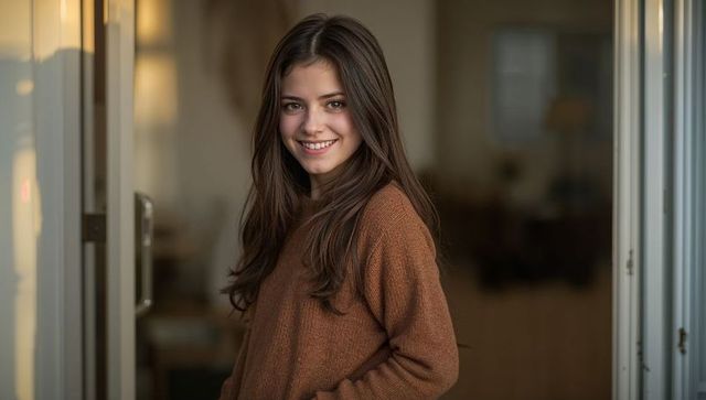 Young woman smiling at glass doorway wearing brown sweater, warm natural light portrait