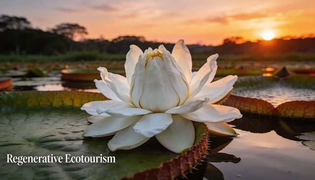 White victoria water lily blooming at sunset over serene wetland reflecting golden light