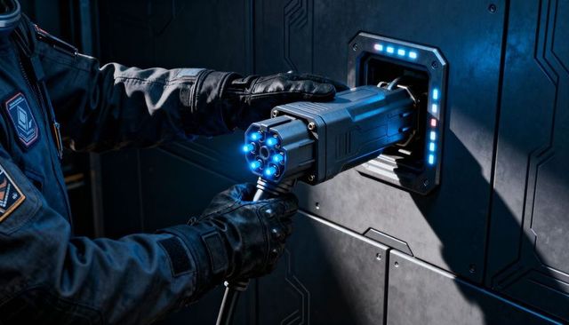 Technician connecting high-tech multi-pin power connector with blue led indicators