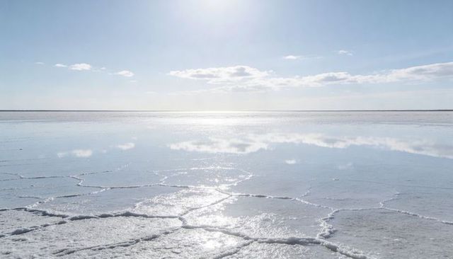 Glittering salt flat reflecting sky with polygonal crust and sun glare