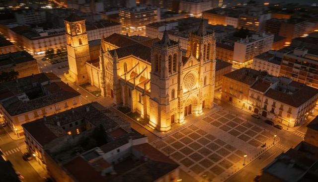 Glowing gothic cathedral featuring twin towers and rose window in historic plaza at night