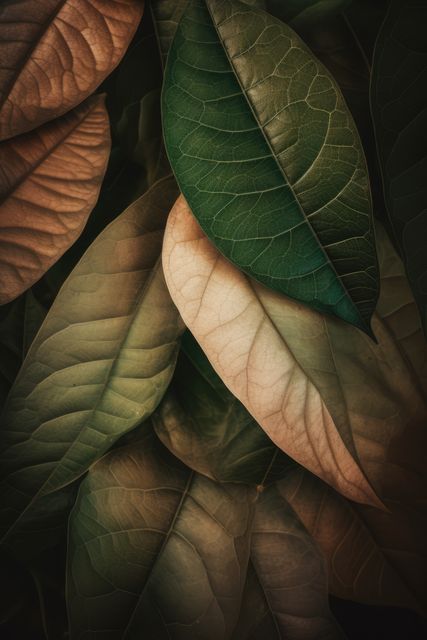 Close up of multi coloured leaves background, created using generative ai technology. Nature, pattern and texture concept digitally generated image.