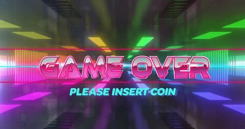 Glowing neon 'game over' text in futuristic arcade tunnel