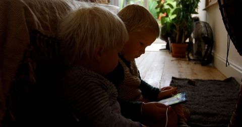 Young caucasian siblings engaged with digital tablet indoors