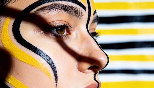 Graphic duotone profile with black and yellow face paint and striped background