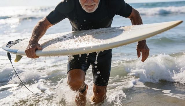 Senior surfer running through shallow surf carrying longboard at sunny beach