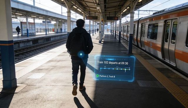 Commuter walking on train platform with augmented reality departure display hud