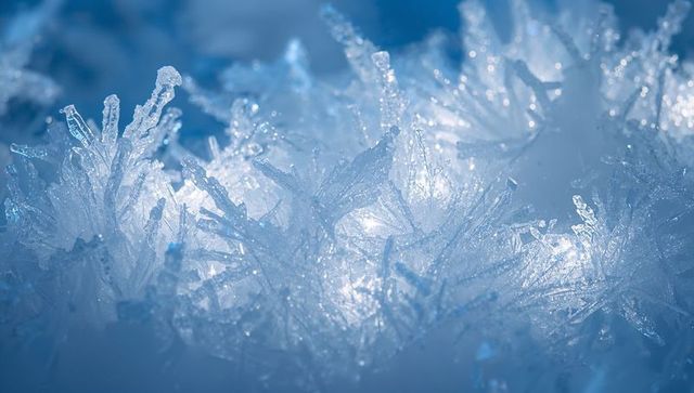 Sparkling blue hoarfrost macro showing spiky ice crystal texture and backlit glow