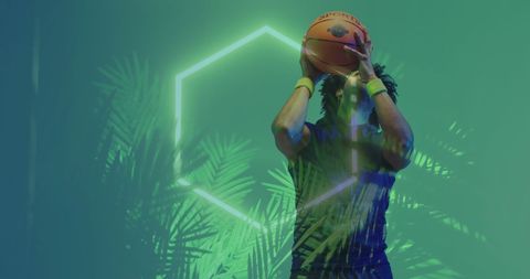 Basketball player with futuristic neon background