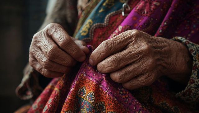Elderly hands seamlessly mending colorful paisley fabric at home