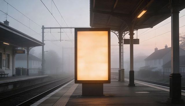 Glowing lightbox casting warm glow over misty suburban train platform at dawn